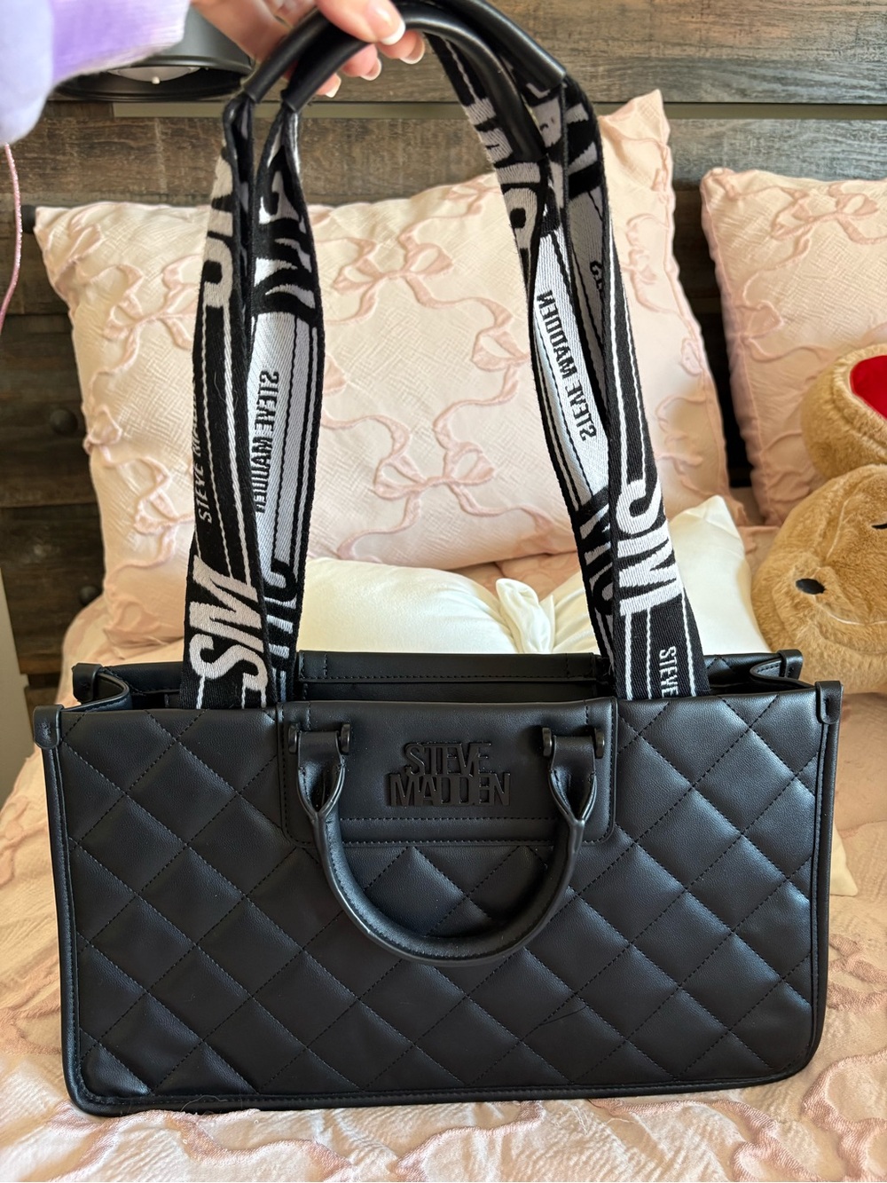 Steve Madden Black Quilted Tote with Logo Webbing Straps